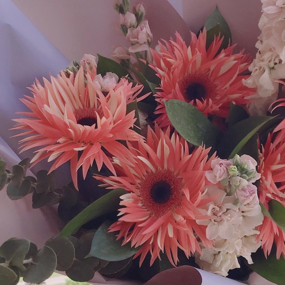 Махровые герберы, маттиола, эвкалипт